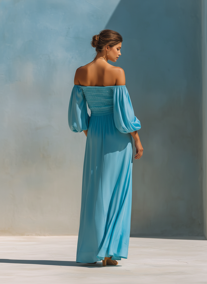 Women’s Sky Blue Off-the-Shoulder Puff Sleeve Smocked Waist High Slit Maxi Dress With Pockets MDZ2191D7T