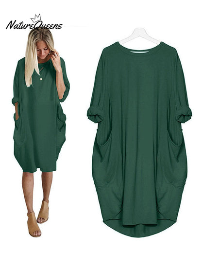 Women's Solid Color Loose Elegant Casual Long-sleeved Pocket Dress