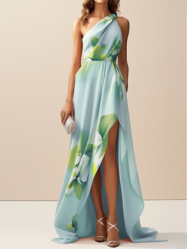Light Blue Asymmetric Floral Classic One Shoulder Sleeveless A-Line Maxi Dress