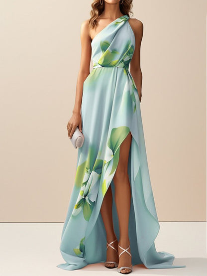 Light Blue Asymmetric Floral Classic One Shoulder Sleeveless A-Line Maxi Dress