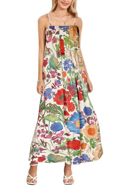 Multi-Color Floral Print Strapless/Spaghetti Strap Draped Maxi Dress