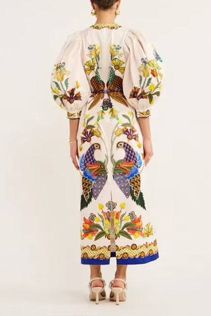 Garden Party Unique Heaven Bird Print Puff Sleeve Pocketed Loose Midi Dress