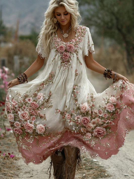 Women's Pink Flower Embroidery Linen Blend Short Sleeve Midi Dress
