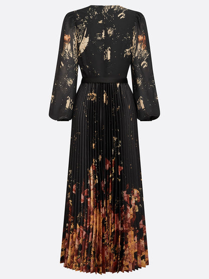 Black Floral Chiffon V Neck Long Sleeve Balloon Sleeve A-Line Maxi Dress