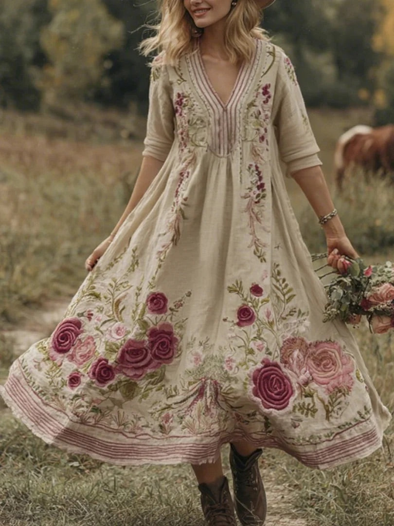 Classy Gradient Pink Roses And Striped  Embroidered Linen Maxi Dress 67f2