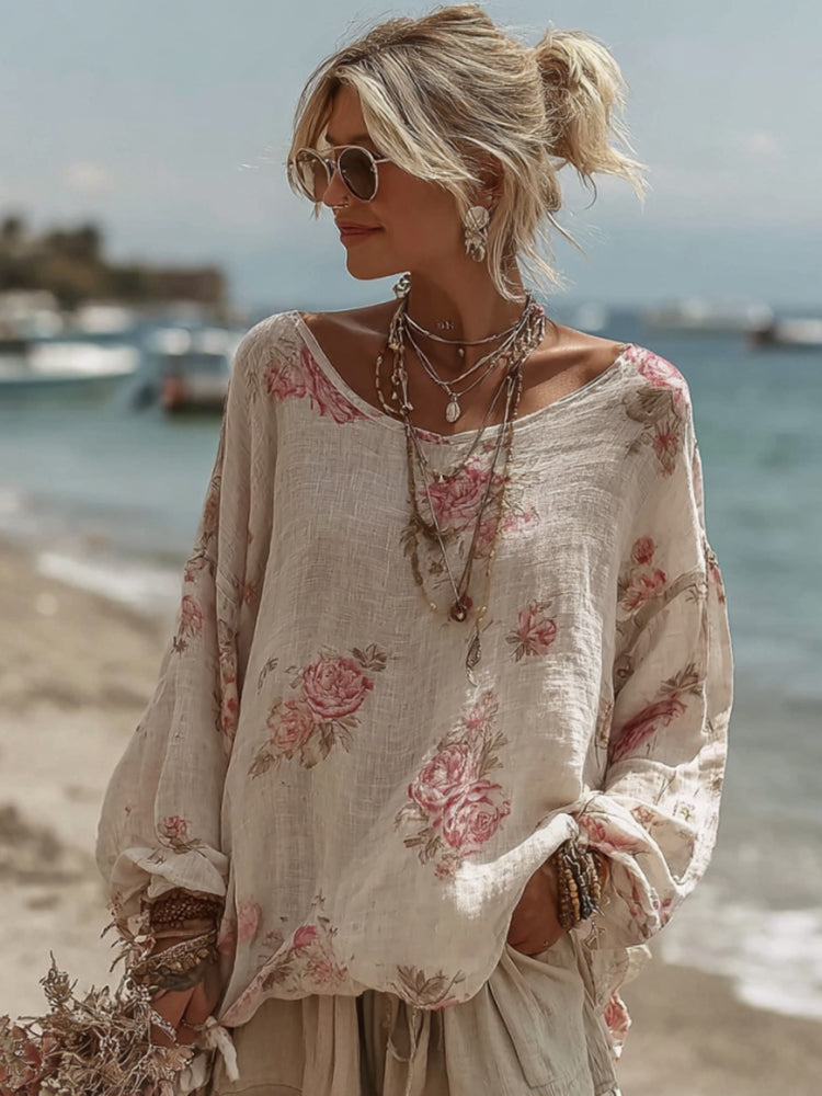 Women's Vintage Pink Rose Print Crew Neck Linen Blend T-shirt