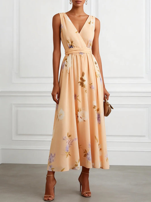 Apricot Floral Chiffon V Neck Sleeveless A-Line Maxi Dress