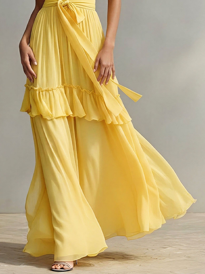 Women's Yellow Chiffon Tiered Maxi Dress With Ruffle Trim & Waist Tie, Timeless Romantic-Chic Evening Dress MDZ2102D4LYL