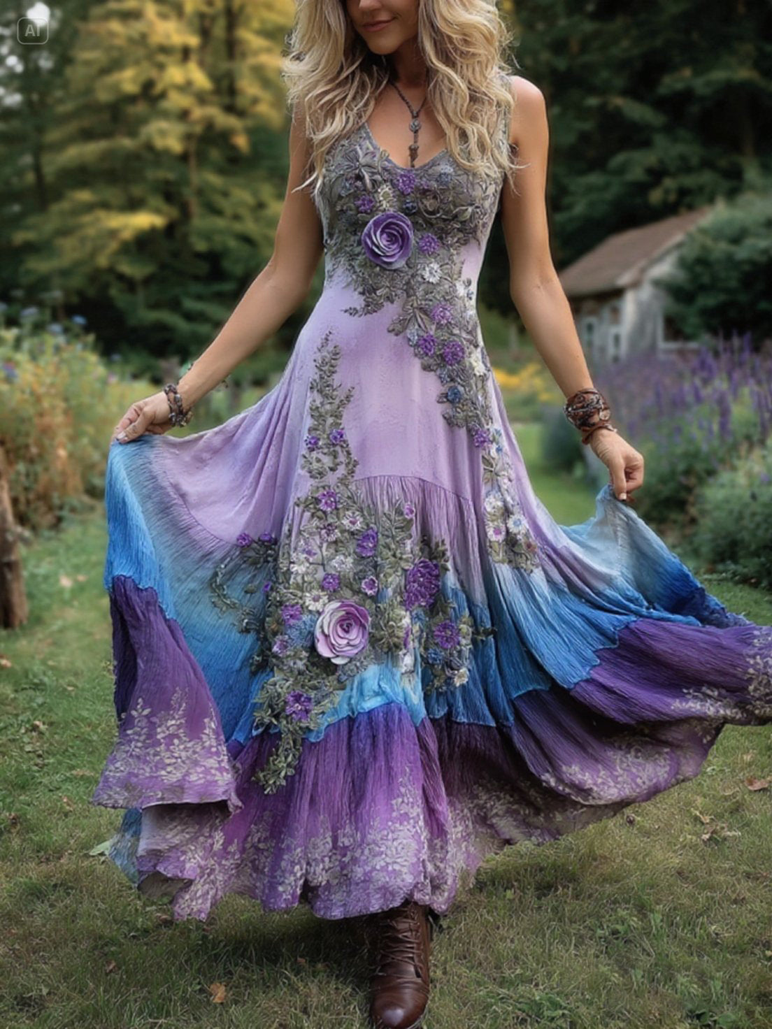 Classy Gradient Purple Lavender And Floral Embroidered Linen Maxi Dress 06e3