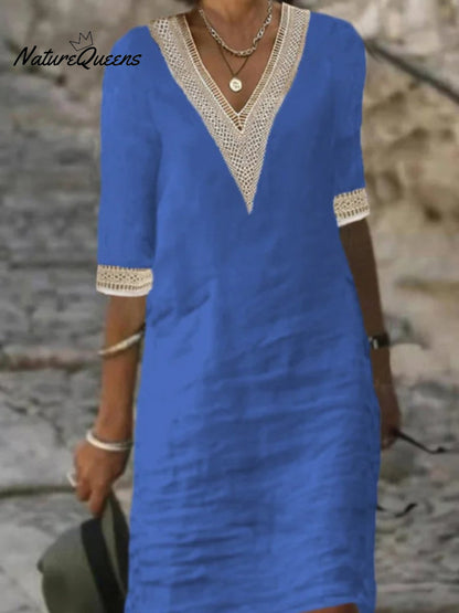 V-neck Mid-sleeved Cotton and Linen Casual Dress