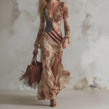 Silk-like Floral Print Maxi Dress With American Flag Design Deep V-Neck Long Sleeve High Slit Elegant Women's Summer Dress