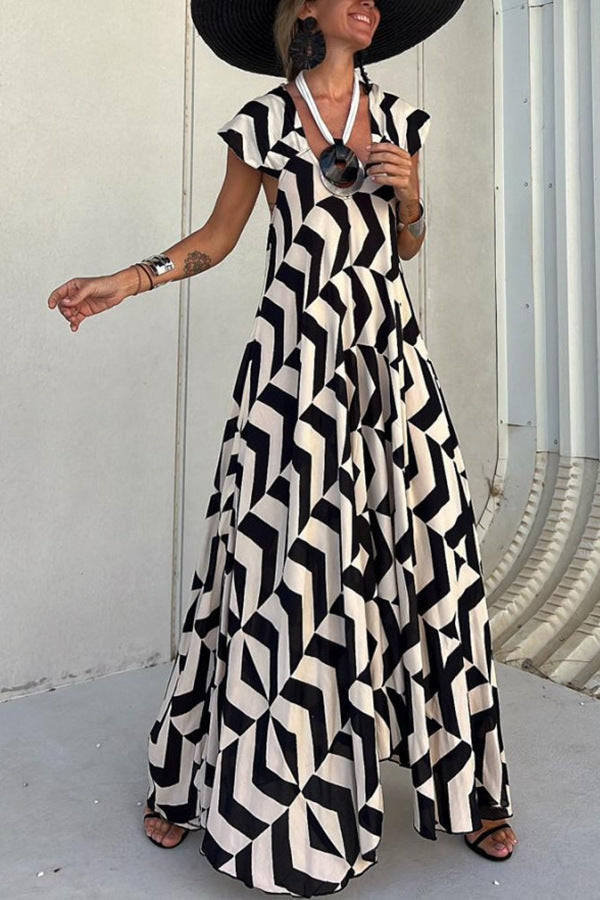 Geometric Print V-Neck Maxi Dress
