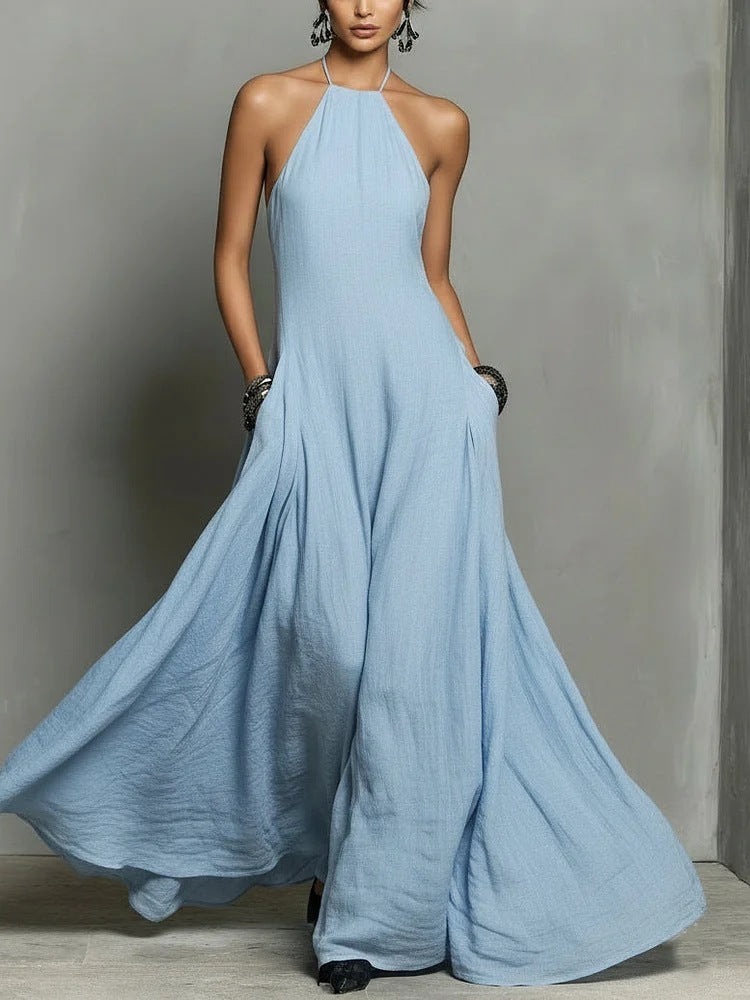 Black Minimalist Faux Linen Blend Backless Halter Neck Sleeveless Maxi Dress