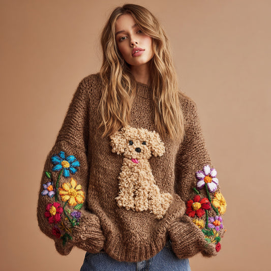 Vintage Fuzzy Dog Colorful Wildflower Embroidery Crochet Cozy Knit Sweater