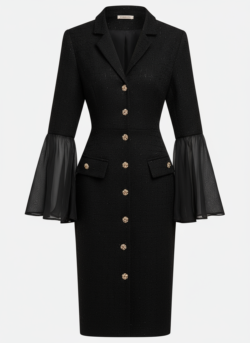 Black Buckle Mesh Tweed Lapel Collar Long Sleeve Bell Sleeve Sheath Midi Dress