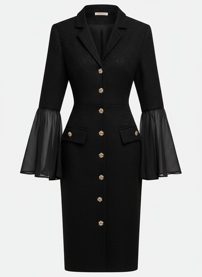 Black Buckle Mesh Tweed Lapel Collar Long Sleeve Bell Sleeve Sheath Midi Dress
