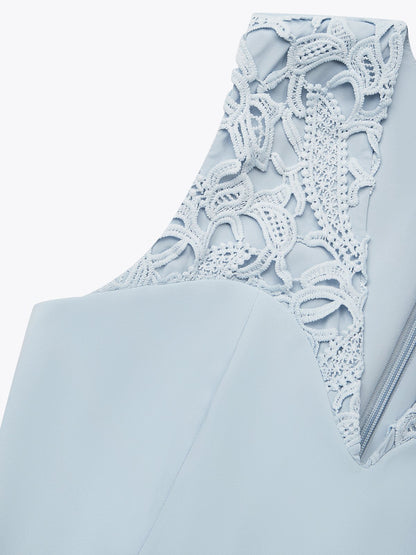 Light Blue Lace V Neck Sleeveless A-Line Midi Dress