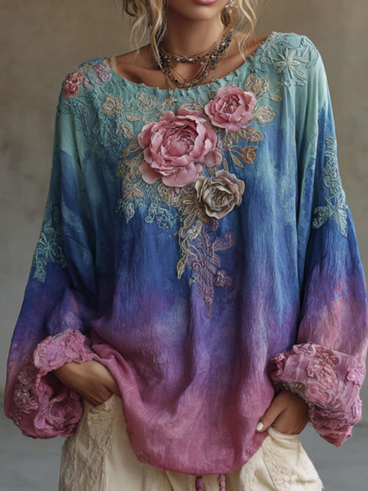 Women's Retro Bohemian Style Floral Embroidered Linen T-shirt