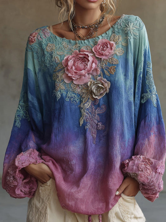 Women's Retro Bohemian Style Floral Embroidered Linen T-shirt