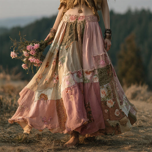 Vintage Boho Floral Patchwork Art Women's Flowing Maxi Dress