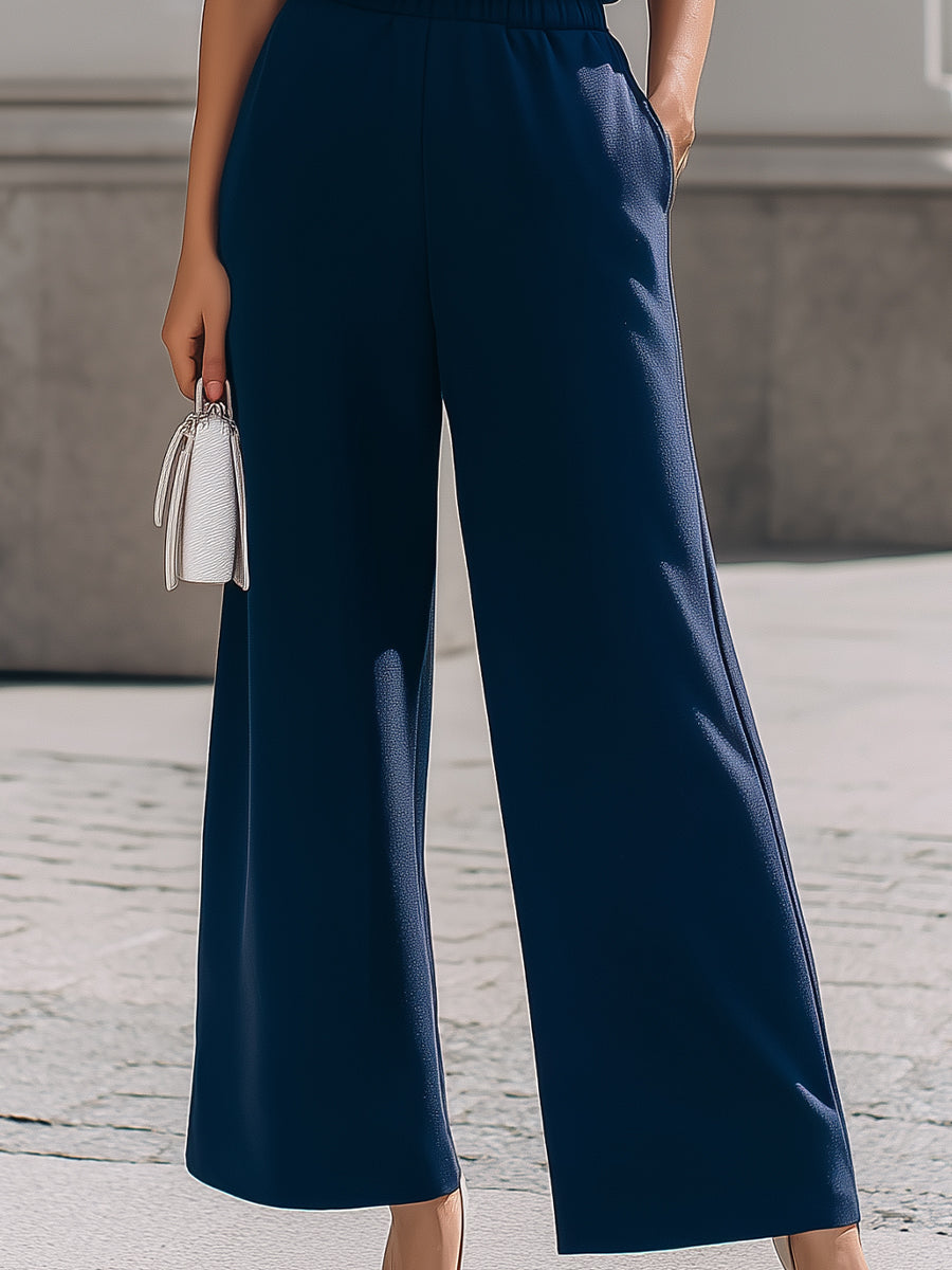 Contrast Trim Short-Sleeve Top & Elastic-Waist Wide-Leg Pants Two-Piece Set