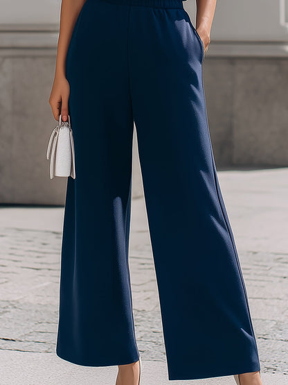 Contrast Trim Short-Sleeve Top & Elastic-Waist Wide-Leg Pants Two-Piece Set