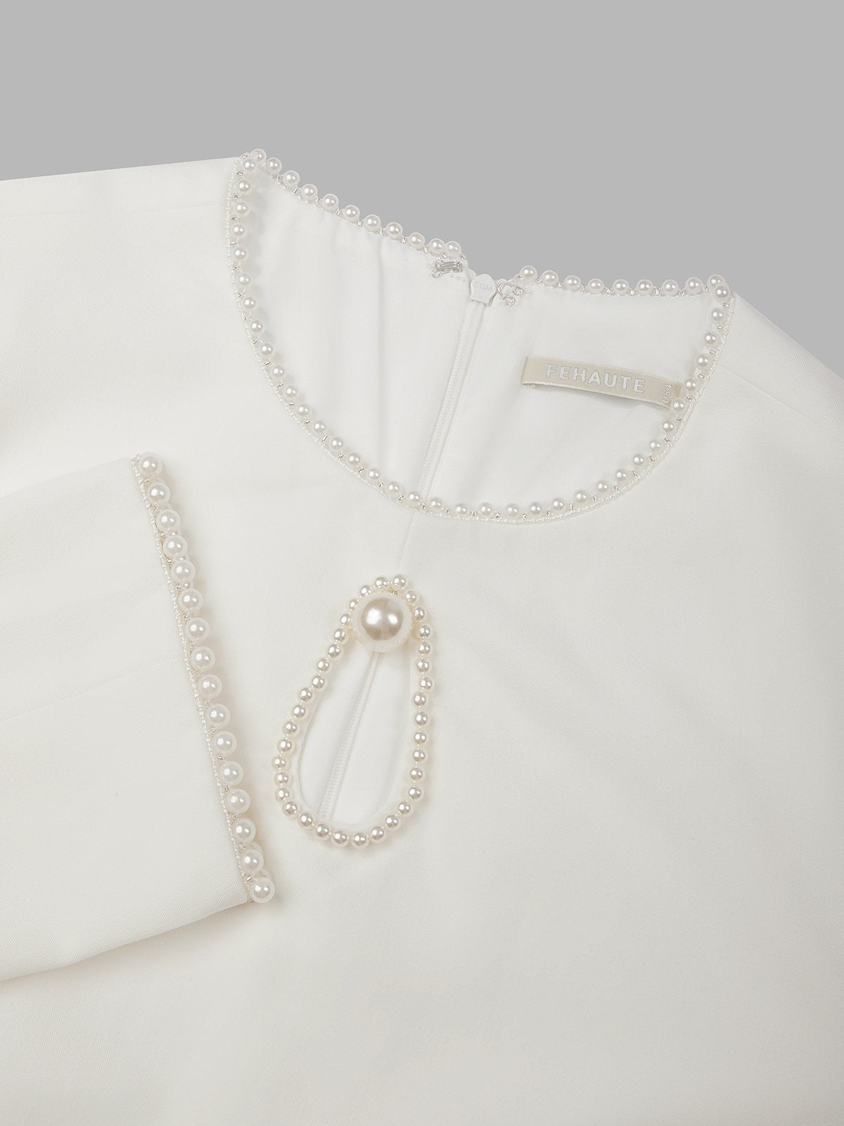 White Faux Pearl Cut Out Classic Crew Neck Long Sleeve Sheath Mini Dress