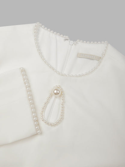 White Faux Pearl Cut Out Classic Crew Neck Long Sleeve Sheath Mini Dress