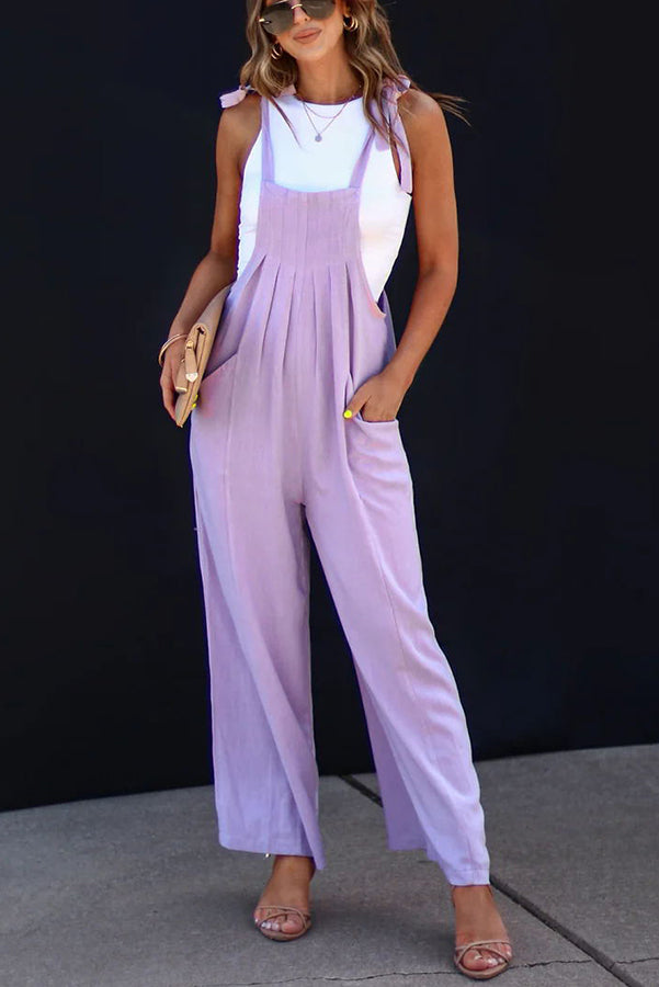 Bonita Linen Blend Pocketed Shoulder Tie Pleated Wide Leg Overalls