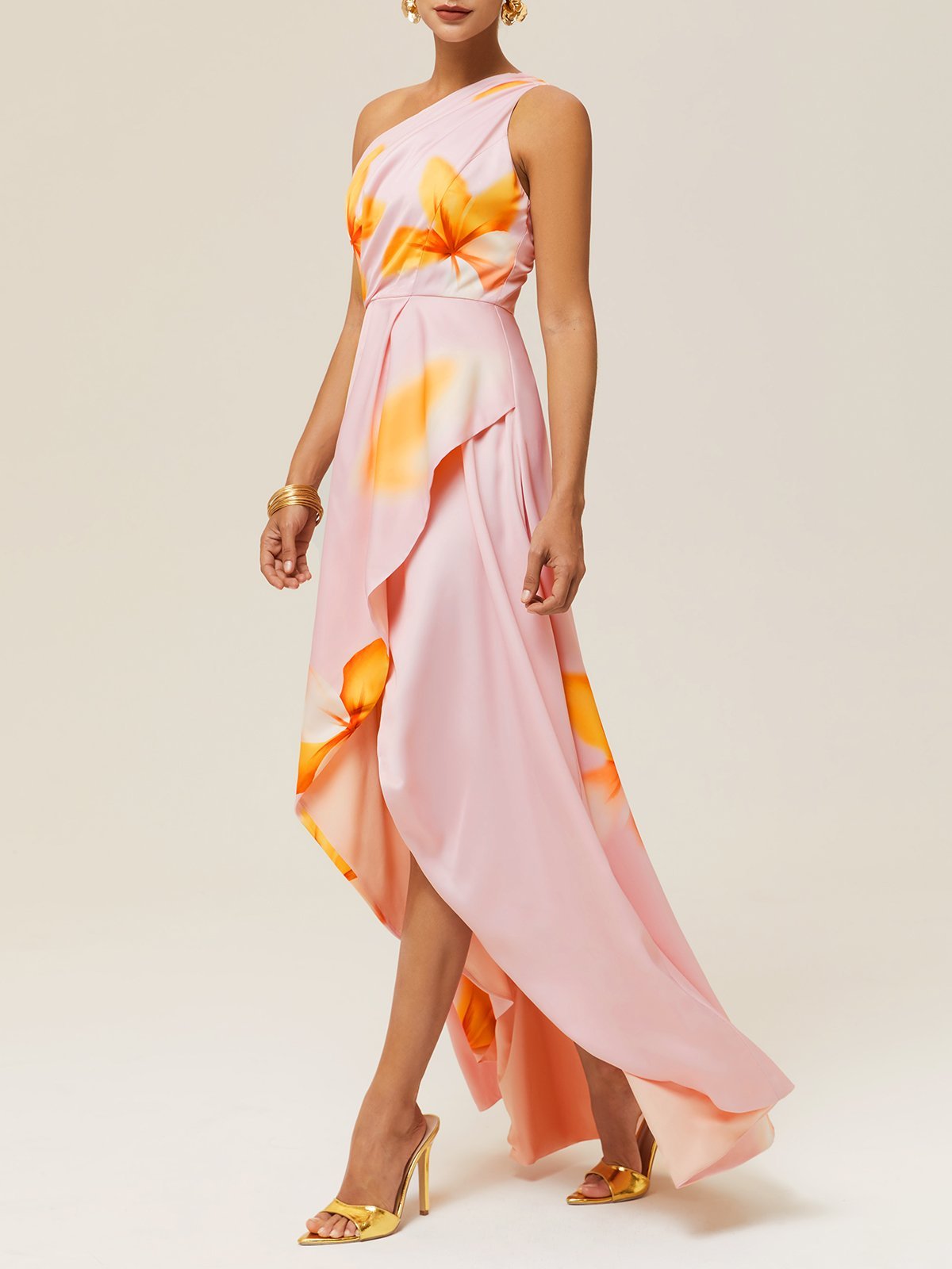 Pink Asymmetric Floral Classic One Shoulder Sleeveless A-Line Maxi Dress