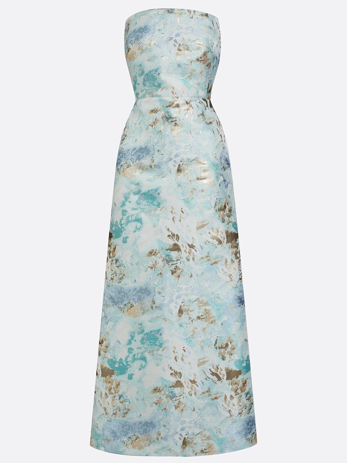 Light Blue Floral Jacquard Satin Strapless Sleeveless Sheath Floor Length Dress