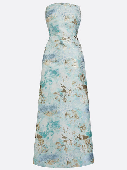 Light Blue Floral Jacquard Satin Strapless Sleeveless Sheath Floor Length Dress