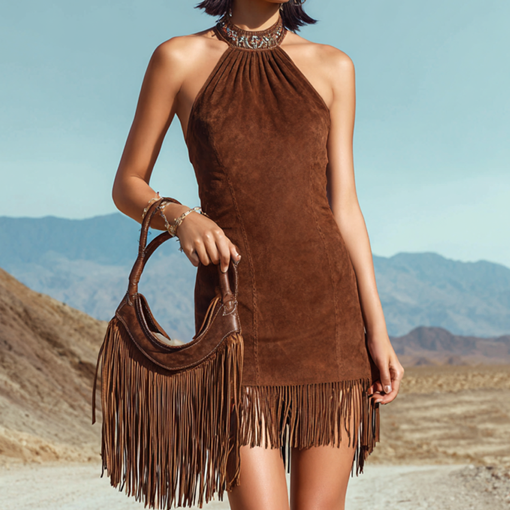 Faux Suede Fringe Halter Mini Dress With Embellished Neckline For Boho Chic Look