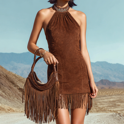 Faux Suede Fringe Halter Mini Dress With Embellished Neckline For Boho Chic Look
