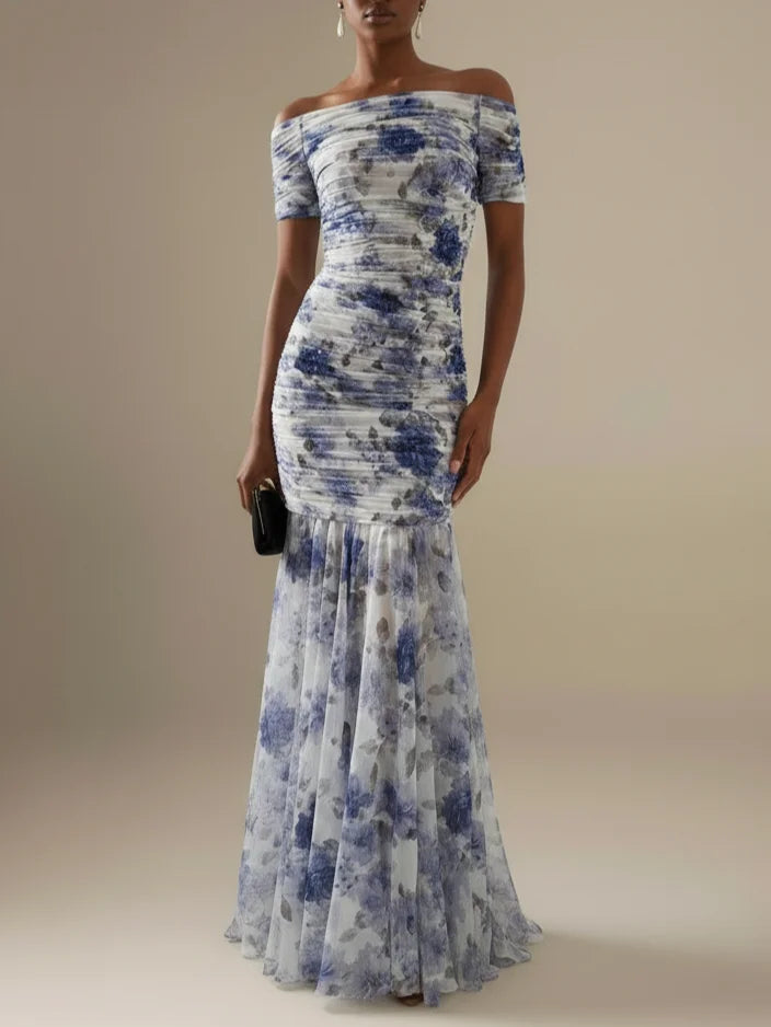 Blue Floral Gathered Tulle Off The Shoulder Short Sleeve Mermaid Floor-length Gown Dress