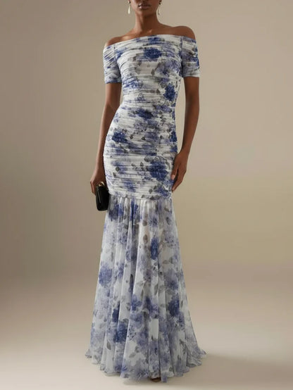 Blue Floral Gathered Tulle Off The Shoulder Short Sleeve Mermaid Floor-length Gown Dress