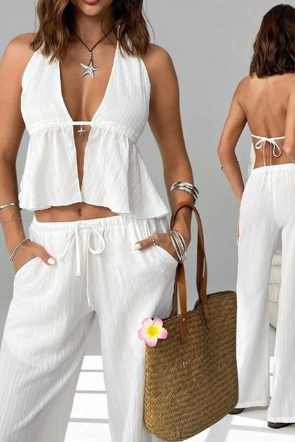 Multi-Color Halter Deep V Backless Tie Pleated Top & Wide Leg Pants Set