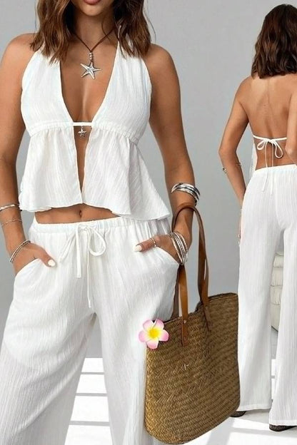 Multi-Color Halter Deep V Backless Tie Pleated Top & Wide Leg Pants Set
