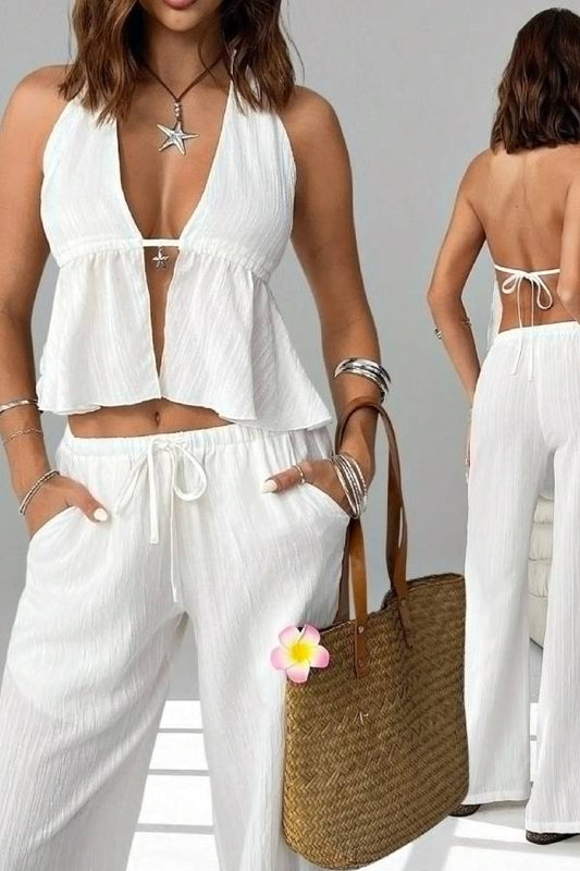 Multi-Color Halter Deep V Backless Tie Pleated Top & Wide Leg Pants Set