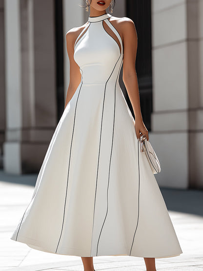 Halter Neck Cutout Panel A-Line Midi Dress