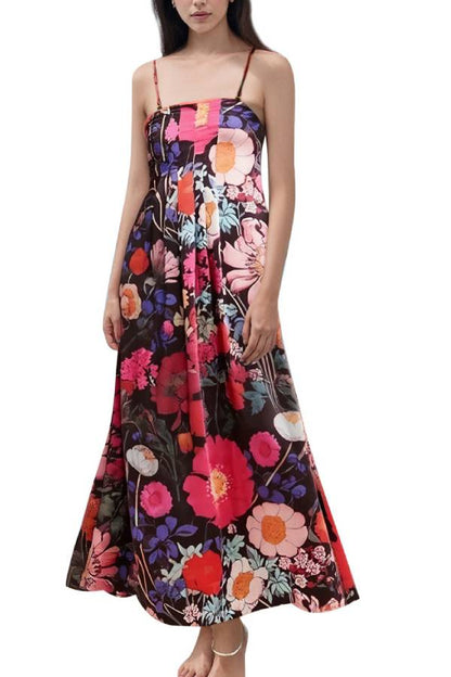 Multi-Color Floral Print Strapless/Spaghetti Strap Draped Maxi Dress