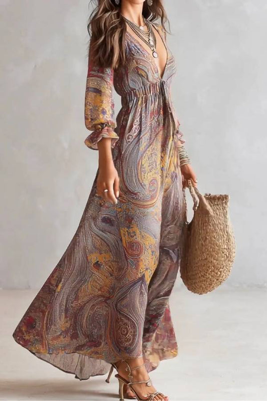 Paisley Print V-neck Gathered Chiffon Maxi Dress