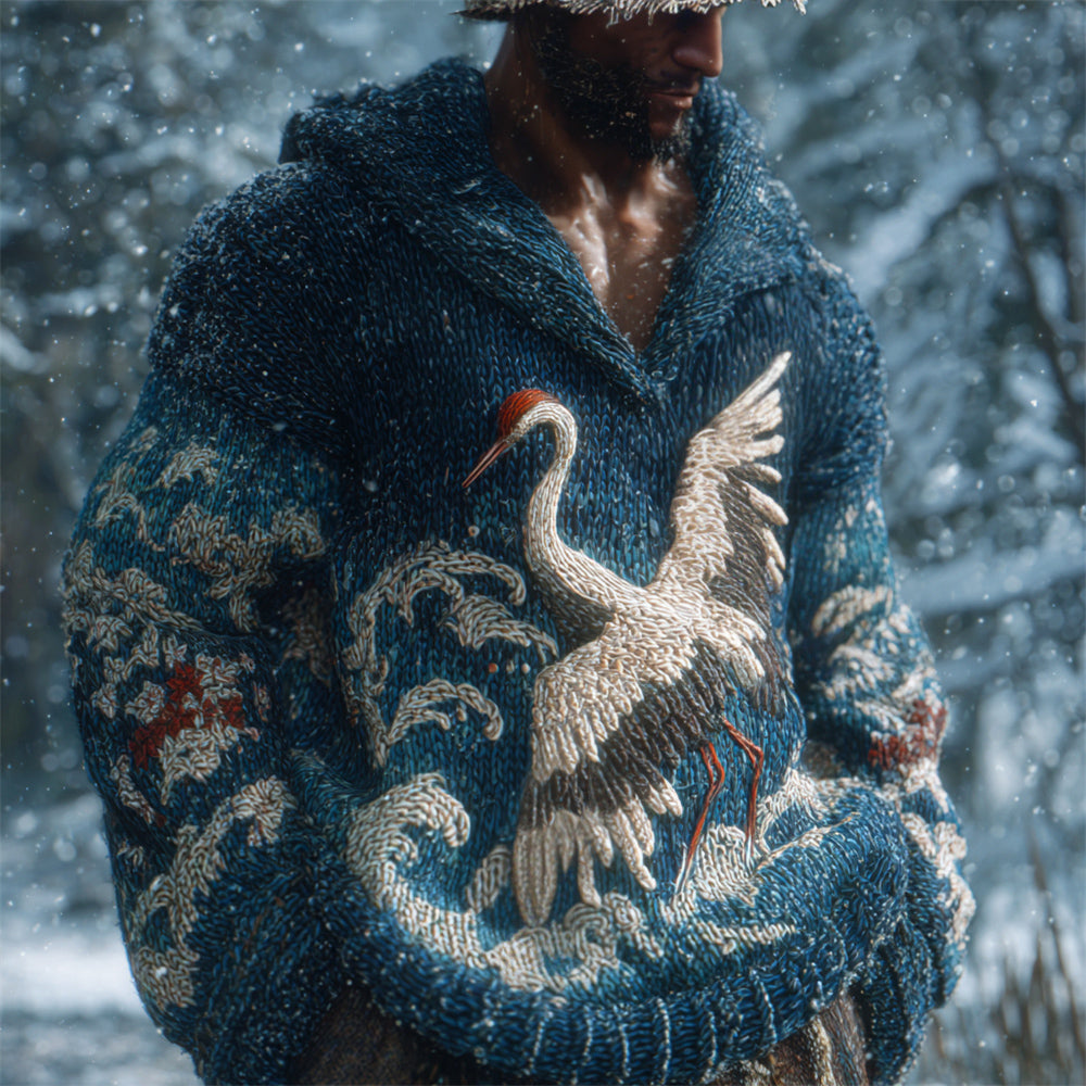 Japanese Crane & Wave Men's Knit Hooded Sweater