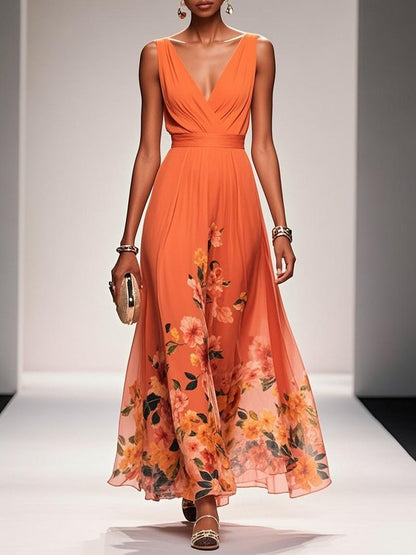 Light Blue Floral Chiffon V Neck Sleeveless A-Line Maxi Dress