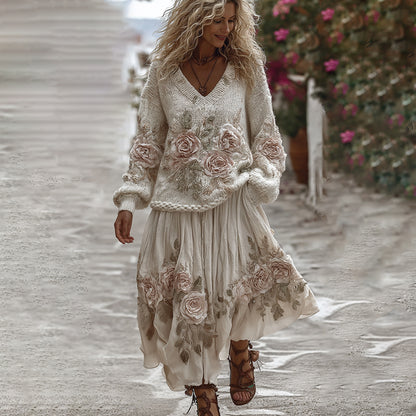 Classic Rose Art Cozy Knit V Neck Sweater And Linen Skirt Two-piece Set
