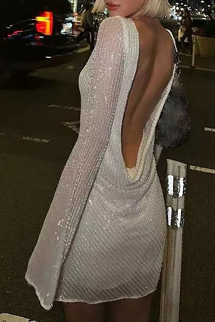 Glittering Sequin Draped Trim Backless Long Sleeve Mini Dresses-White