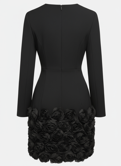 Navy Blue 3D Floral Classic V Neck Long Sleeve Sheath Mini Dress