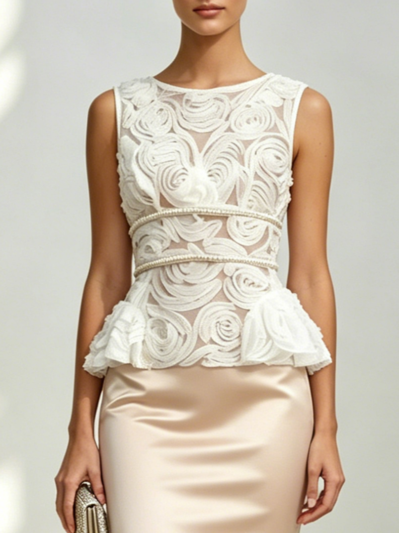 Champagne Pearl Lace Satin Crew Neck Sleeveless Sheath Midi Dress
