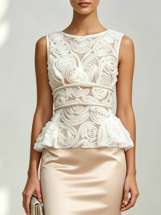 Champagne Pearl Lace Satin Crew Neck Sleeveless Sheath Midi Dress