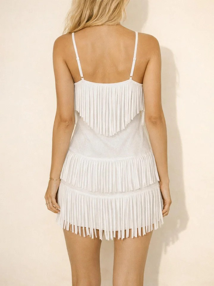 White Cotton Blend Fringe Mini Dress With Adjustable Straps